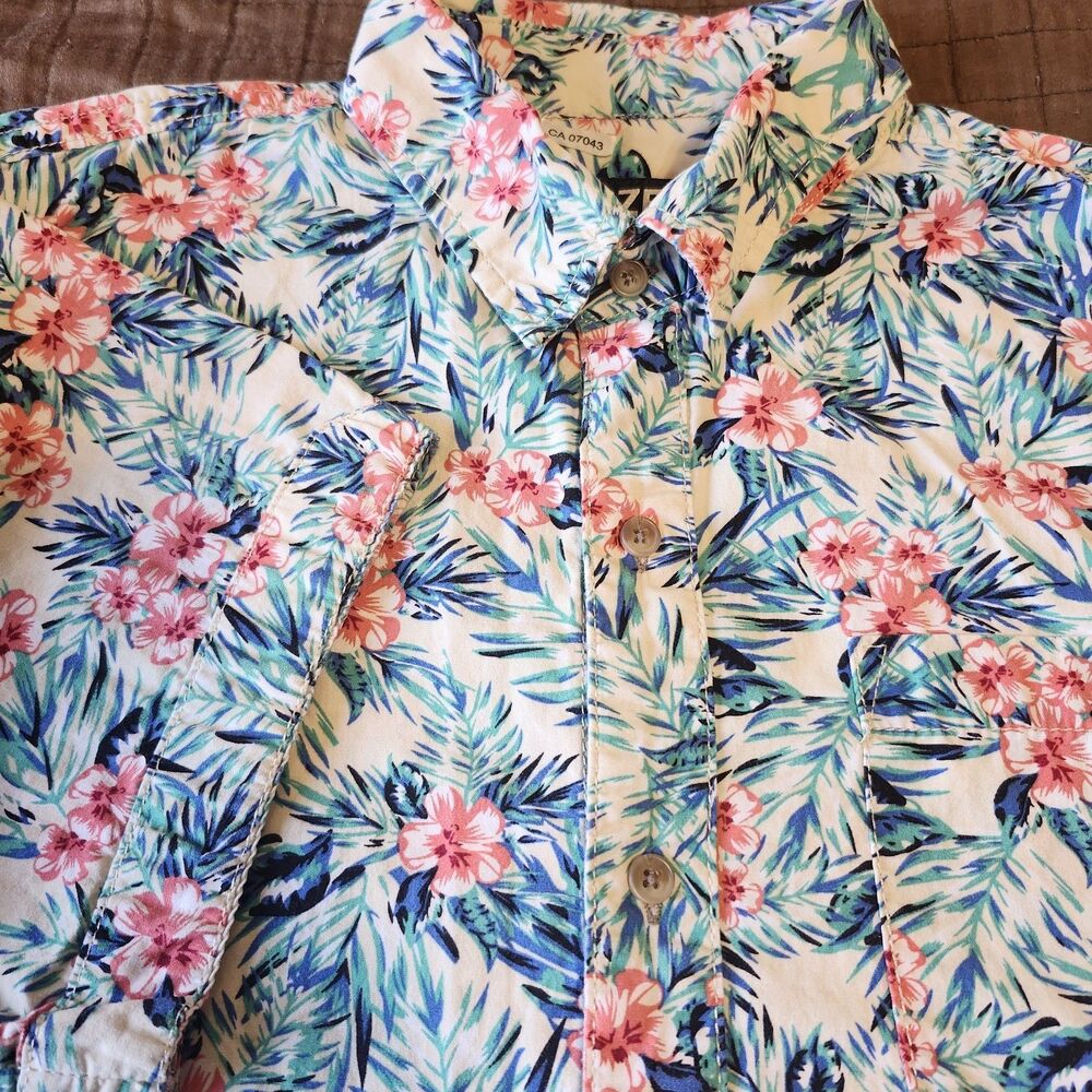 Lazer Co Authentic Dry Goods Hawiian Hibiscus Floral Shirt Sz M White Blue